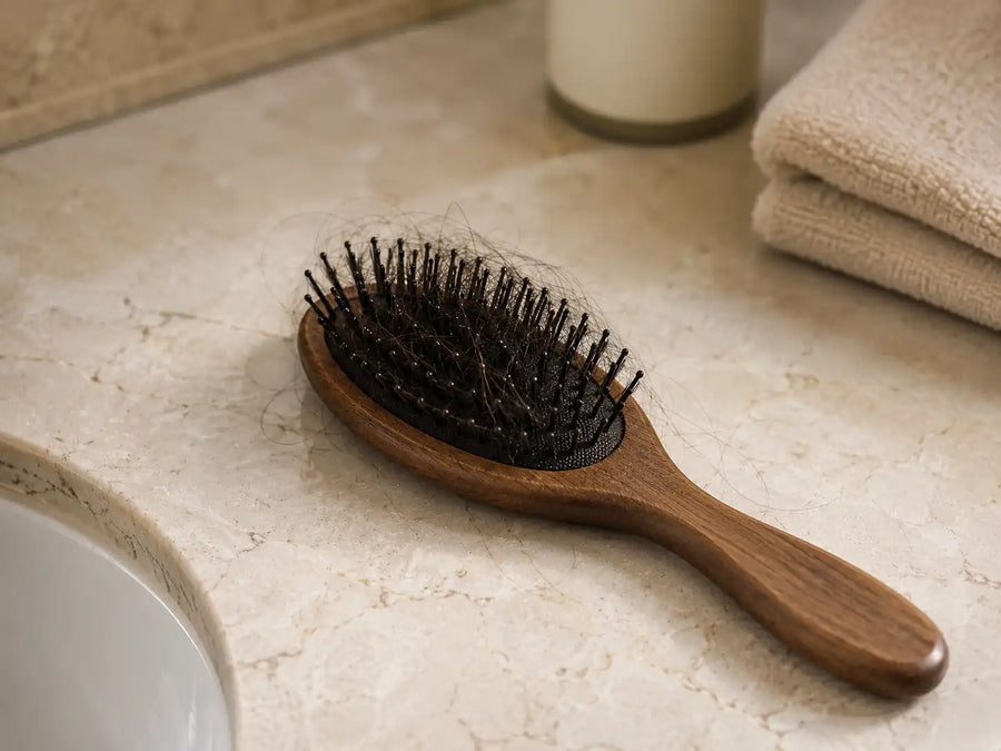 Cepillo de pelo con hebras enredadas entre las cerdas