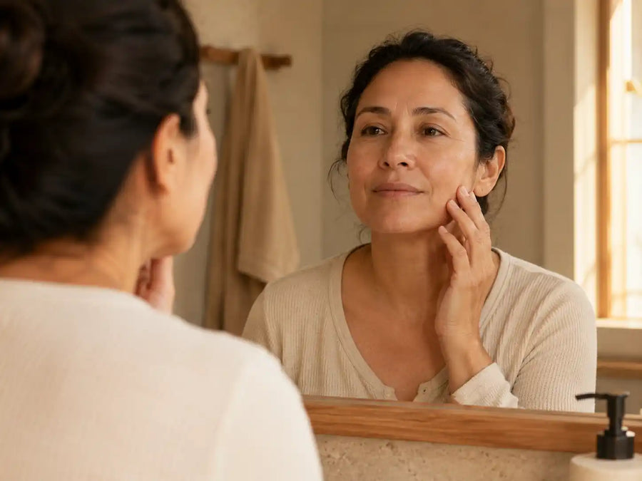 Mujer frente al espejo del baño tocándose la mejilla