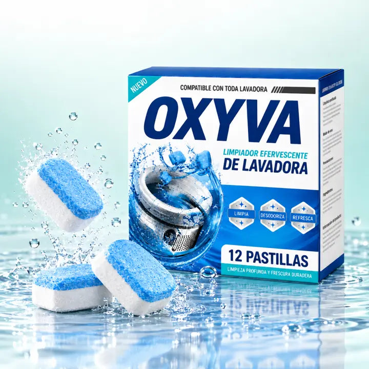Caja de OXYVA con 12 pastillas efervescentes limpiadoras de lavadora sobre agua