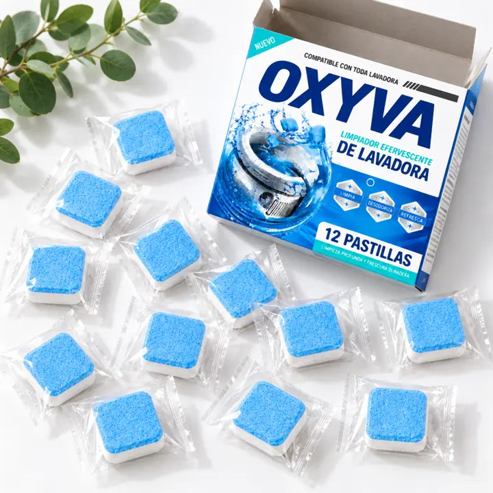 Caja de OXYVA abierta con sus 12 pastillas