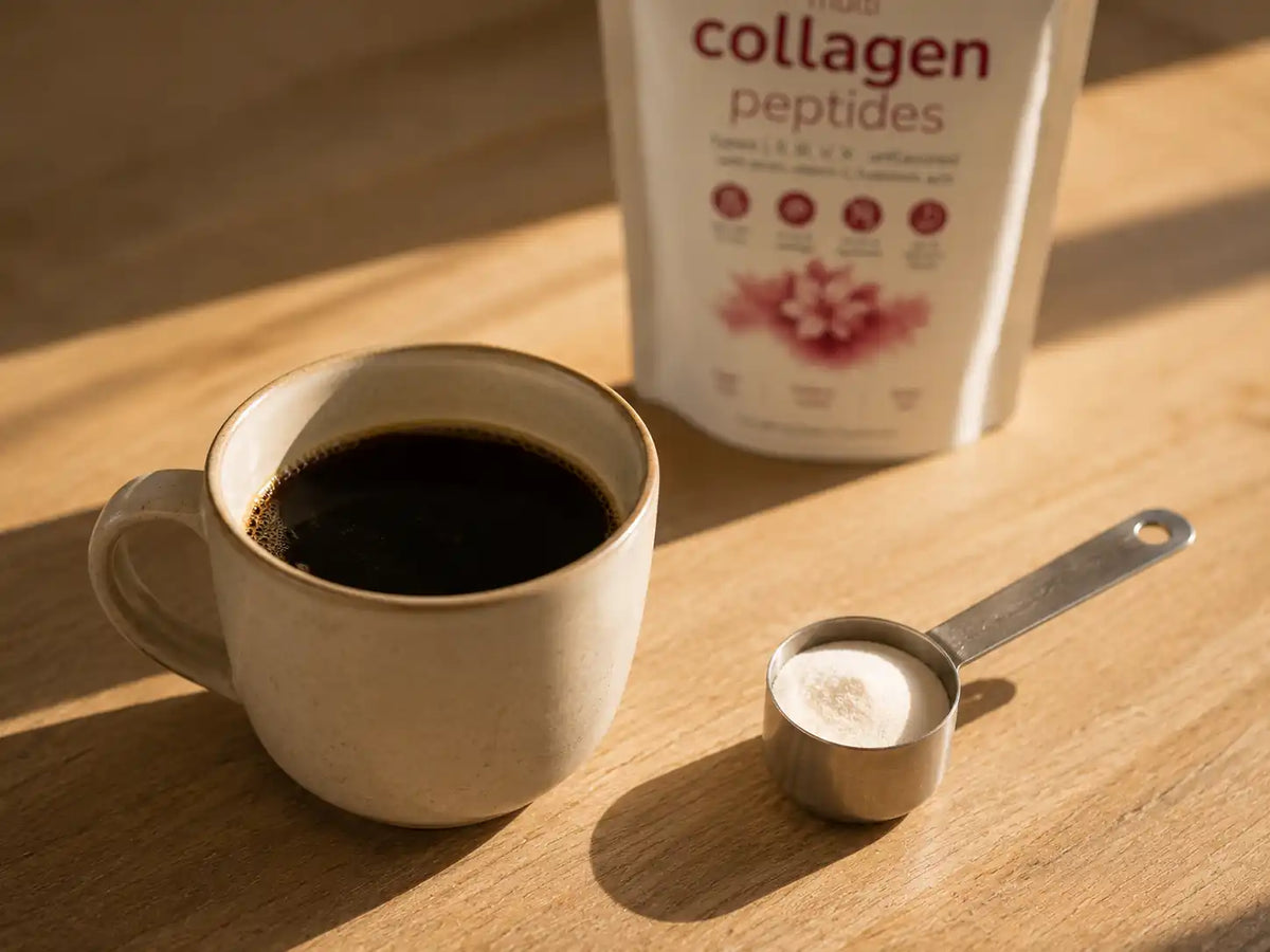 Taza de café negro servida sobre una mesa de madera, con una cuchara medidora de colágeno en polvo al lado y la bolsa del producto al fondo