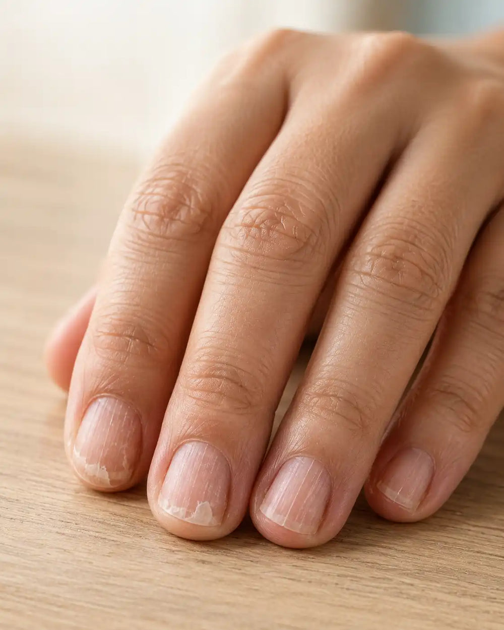 Uñas cortas y sin esmalte con los bordes astillados, la superficie estriada y sin brillo