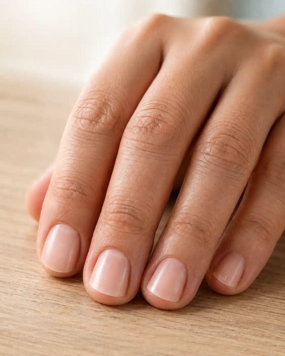 La misma mano en la misma posición, con las uñas lisas, parejas y con brillo natural