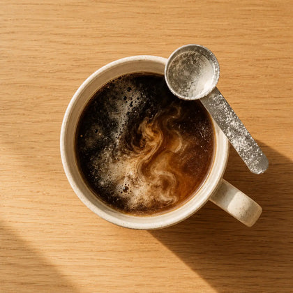 Taza de café negro con la cuchara medidora apoyada en el borde