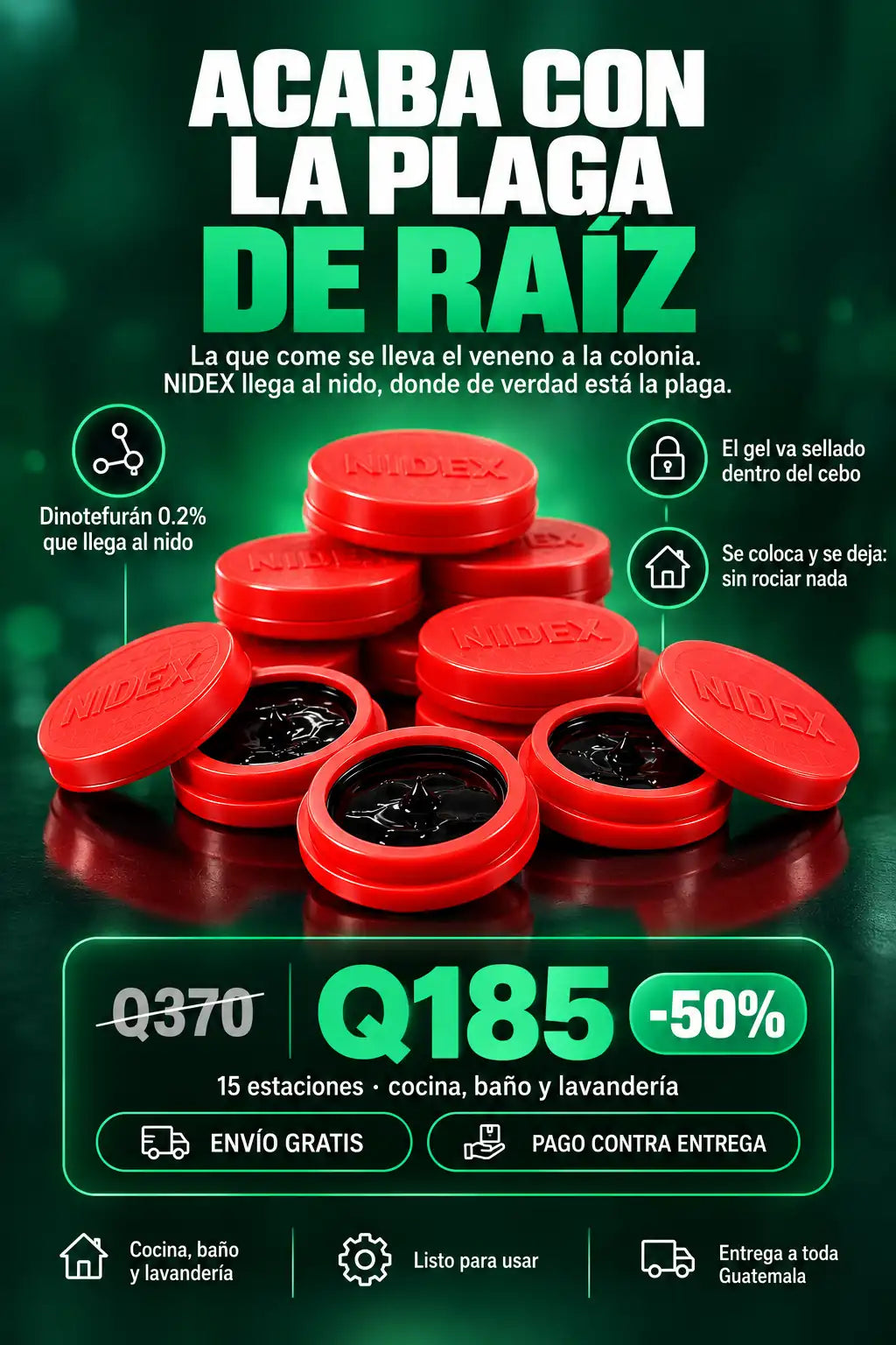 NIDEX: estaciones de cebo para cucarachas, 15 estaciones por Q185 con envío gratis