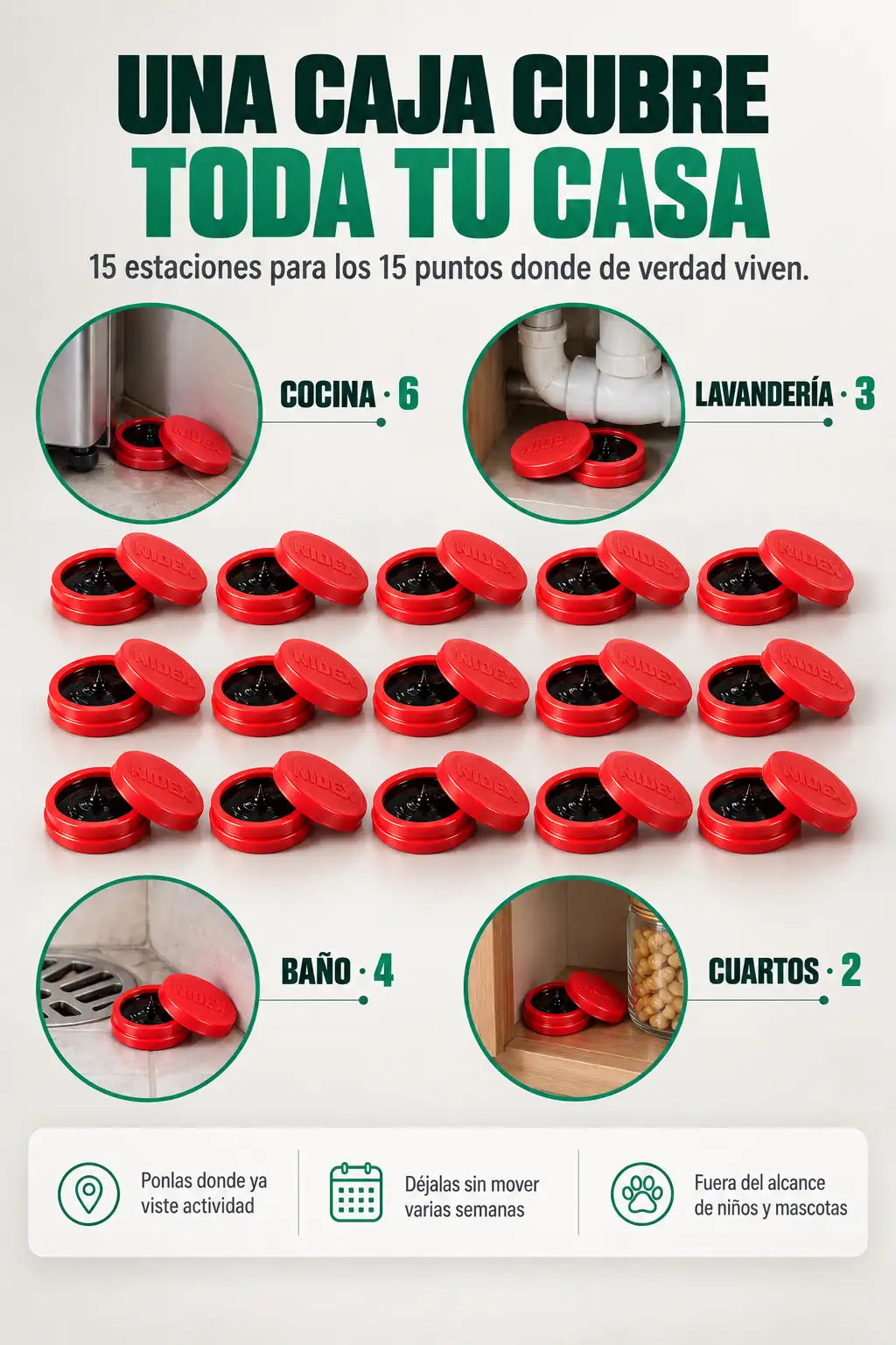 Dónde van las 15 estaciones: 6 en la cocina, 4 en el baño, 3 en lavandería y 2 en cuartos