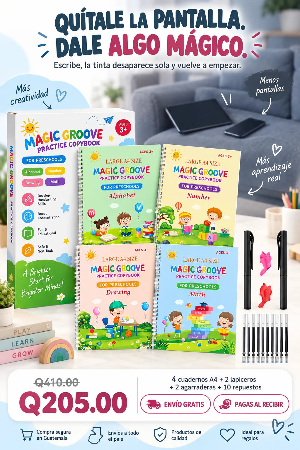 Magic Groove: set de 4 cuadernos magicos A4 de caligrafia con tinta que desaparece, Q205 con envio gratis a Guatemala