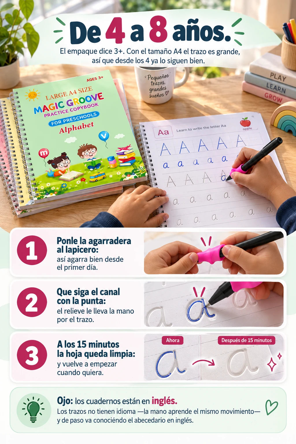 Para ninos de 4 a 8 anos: los tres pasos de uso y el aviso de que los cuadernos estan en ingles