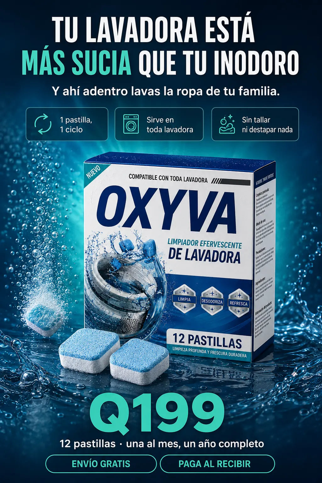 OXYVA: 12 pastillas efervescentes que limpian tu lavadora por dentro, Q199