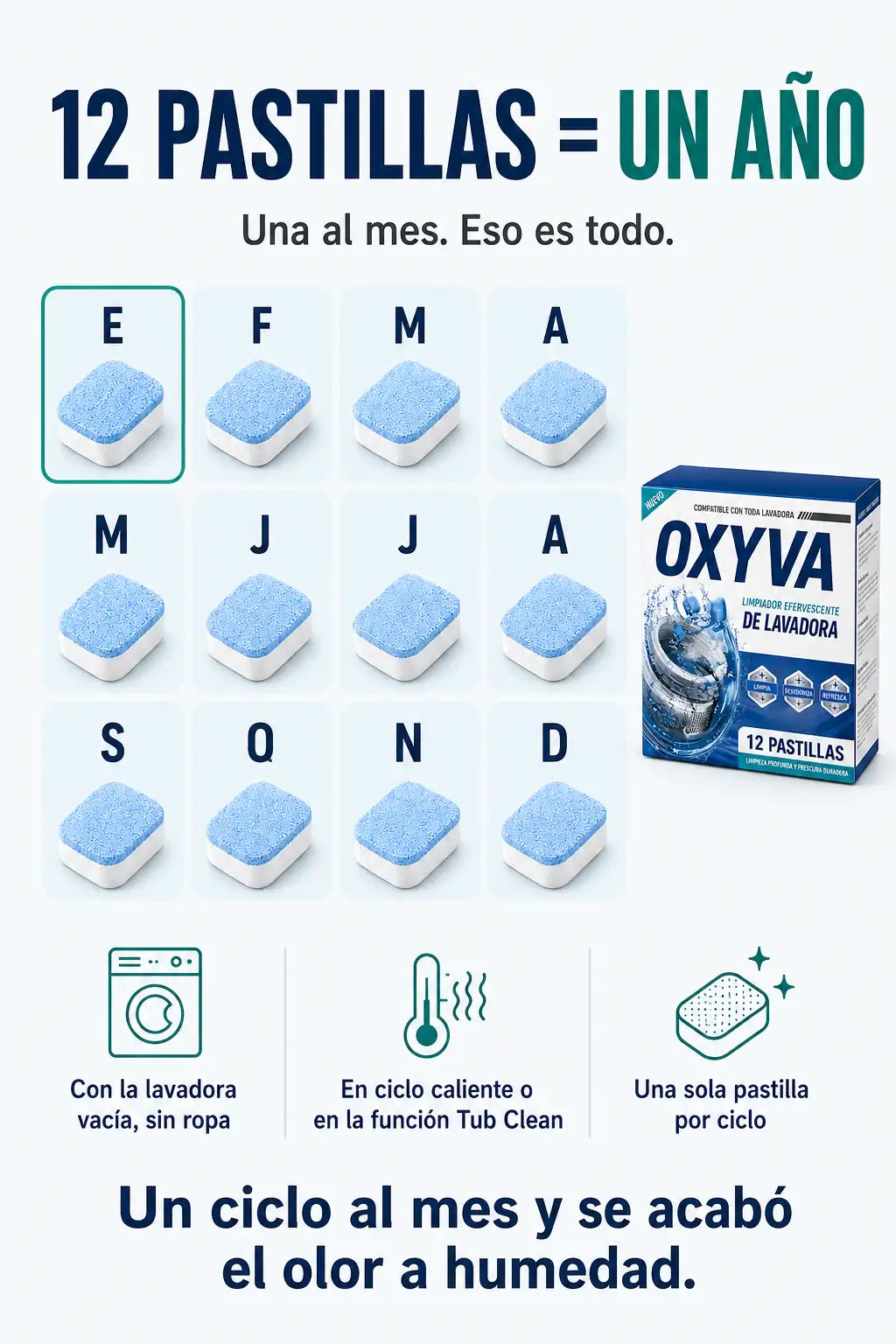 12 pastillas, una al mes: un año completo de lavadora limpia